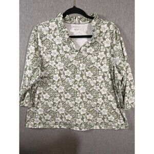 Appleseed's Women's 1X Green White Floral Ruffle Collar 3/4 Sleeve Pullover Top